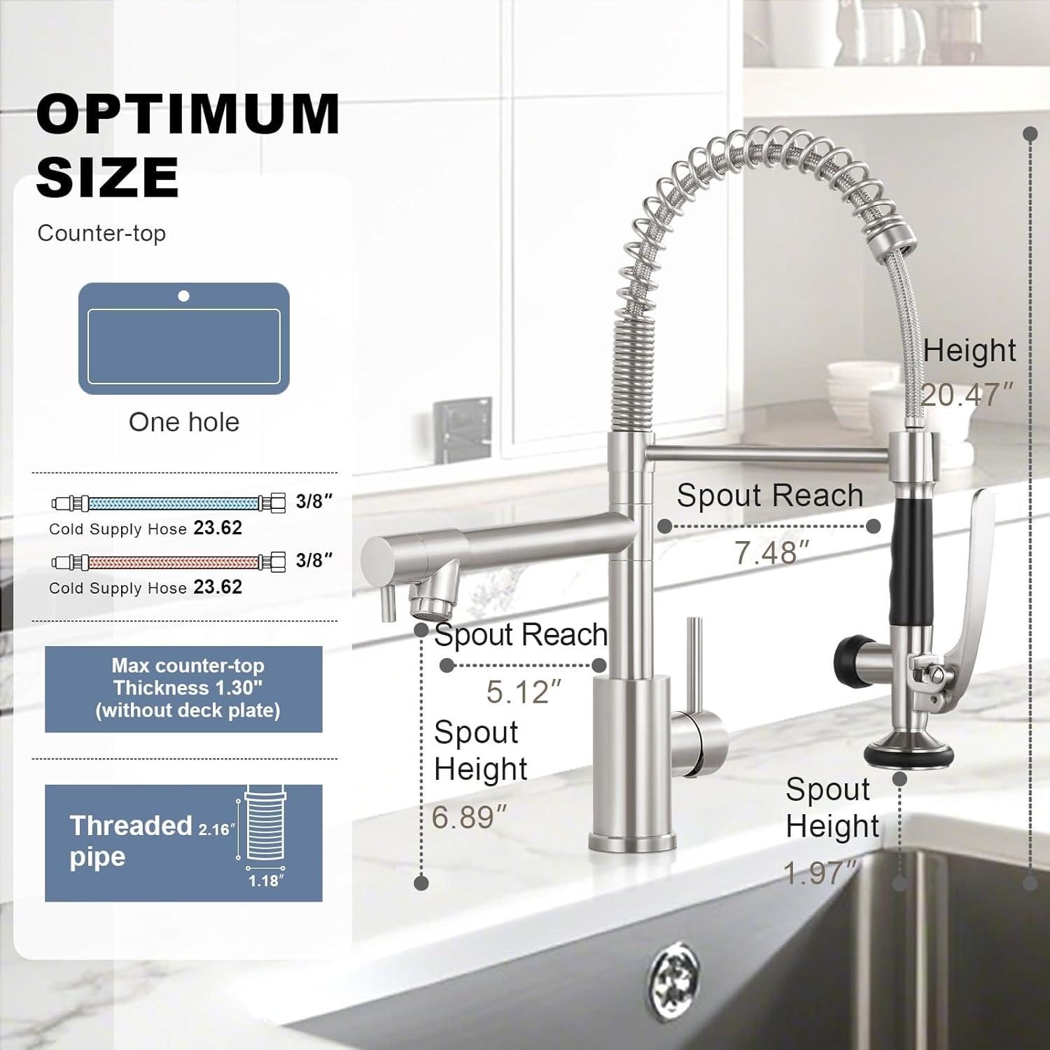Commercial Kitchen Faucet with Pull Down Sprayer, Stainless Steel Kitchen Sink Faucet, Single Handle Spring Kitchen Faucets (Brush Nickle)