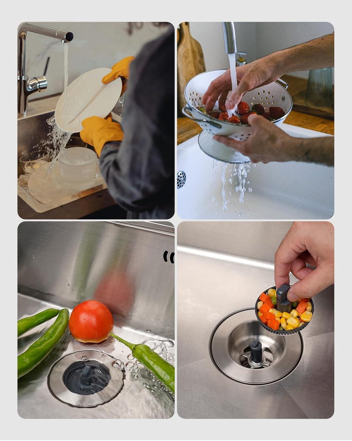 Hibbent 3-in-1 Kitchen Sink Drain Strainer  Stopper , Stainless Steel Pop-Up Design, Anti-Clogging Metal Basket with Handle, Compatible with US Standard 3-1/2" Drain