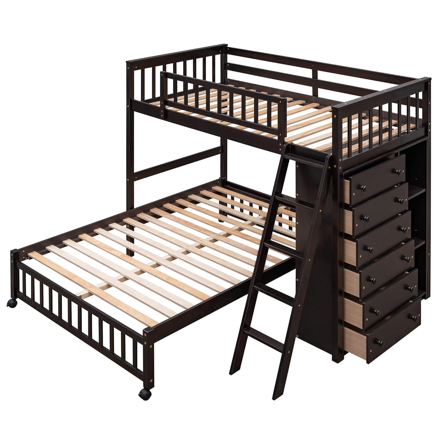 Twin Over Full Loft Bunk Bed with Storage 6 Drawers Chest and 3 Shelves Bookcase Wood Bunked Beds Frame for Kids Boys Girls Teens, Espresso