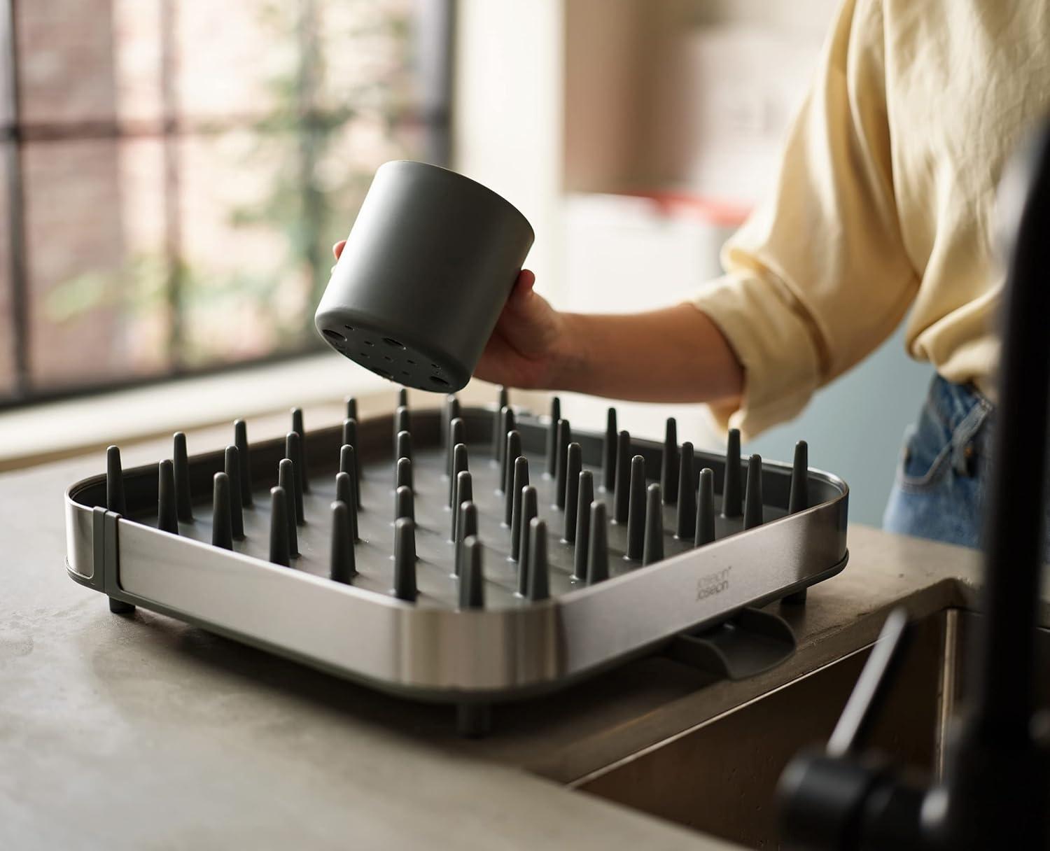 Expandable Stainless Steel and Gray Plastic Dish Rack with Utensil Cup