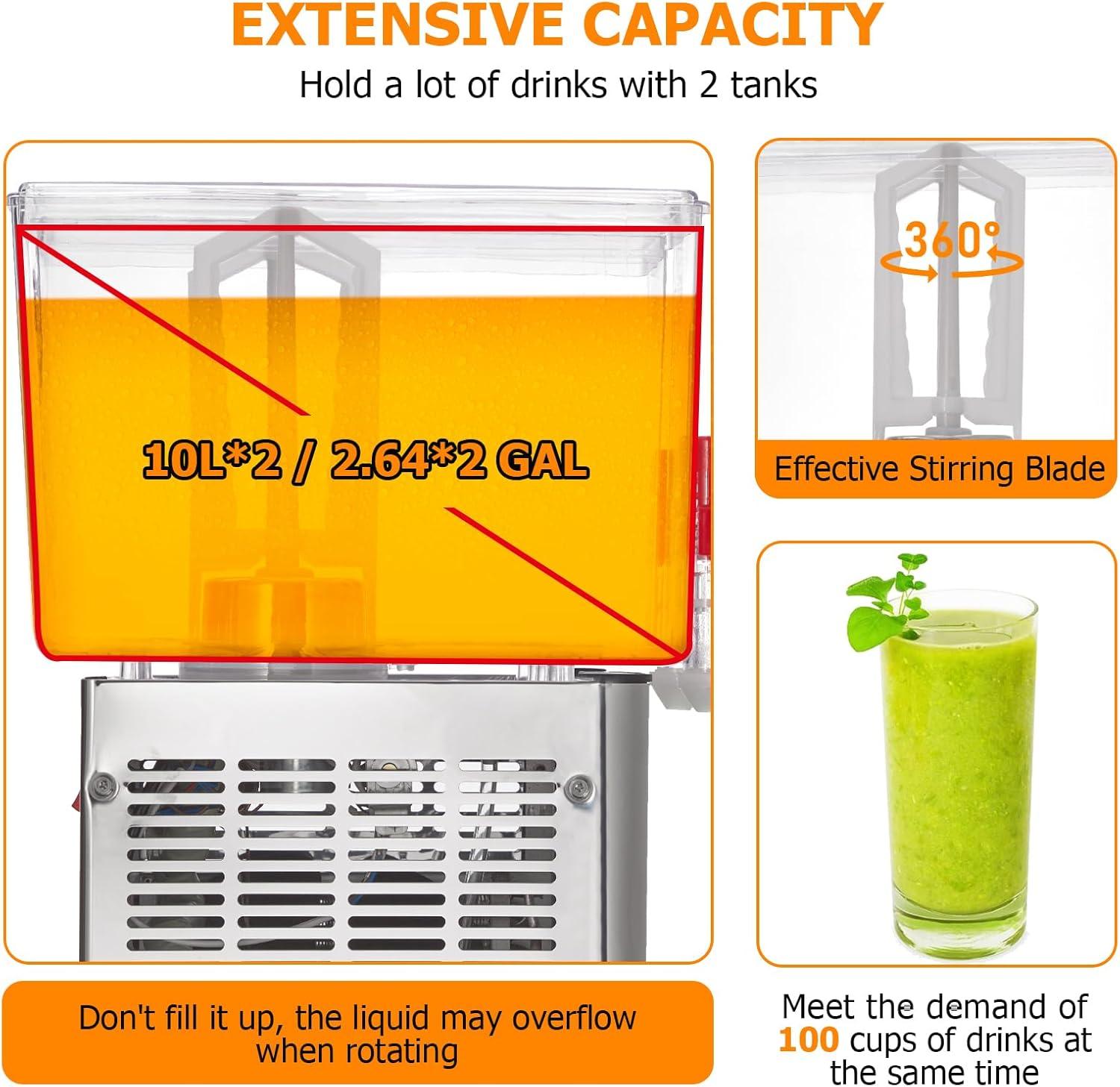 Commercial Beverage Dispenser, Towallmark 2 Tanks 5.28 Gallon 20L Commercial Juice Dispenser, 10 Liter Per Tank, 280W Stainless Steel Food Grade Ice Tea Drink Dispenser with Thermostat Controller