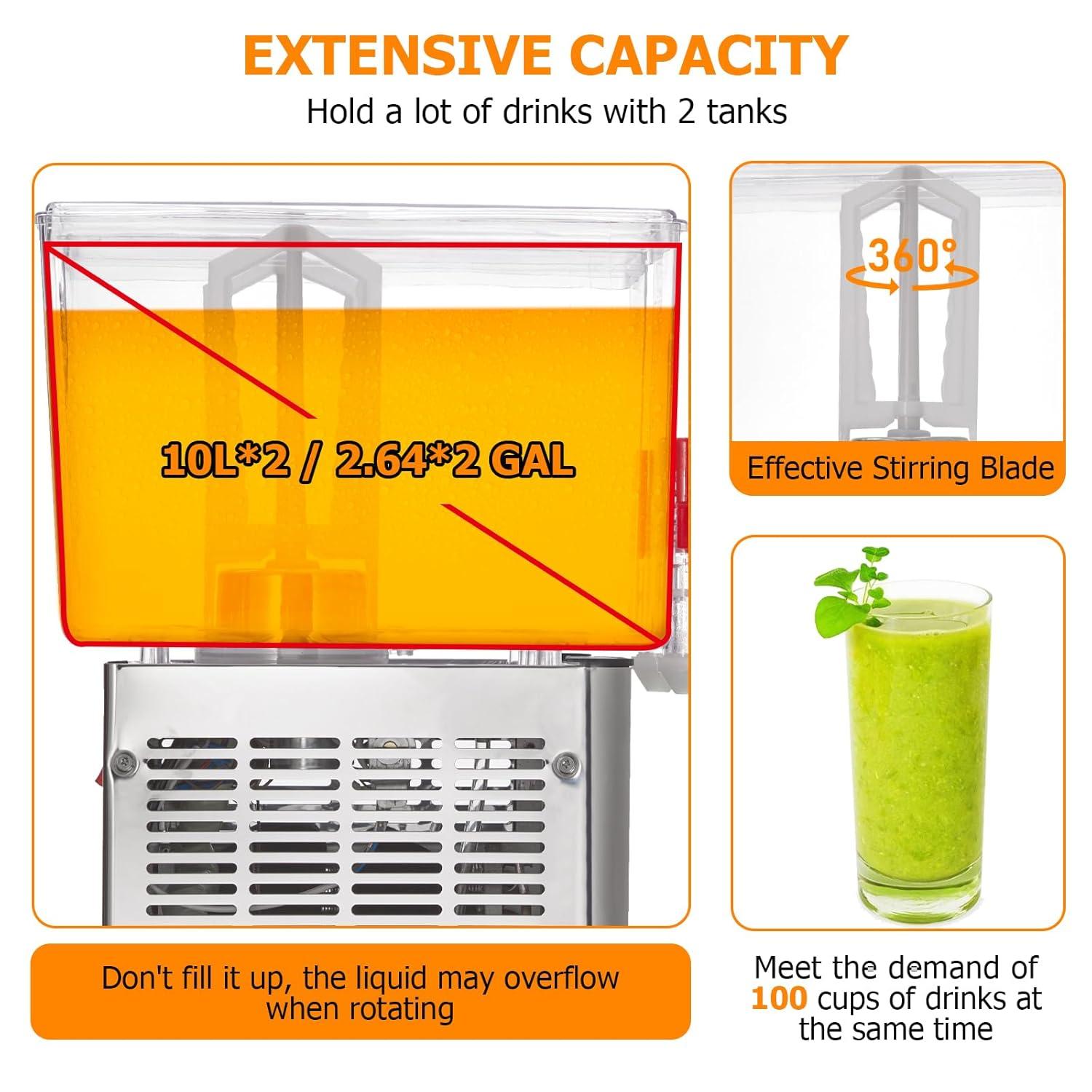 Commercial Beverage Dispenser, Towallmark 2 Tanks 5.28 Gallon 20L Commercial Juice Dispenser, 10 Liter Per Tank, 280W Stainless Steel Food Grade Ice Tea Drink Dispenser with Thermostat Controller