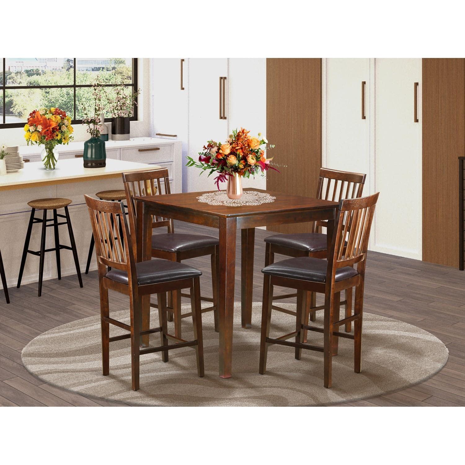 East West Furniture VERN5-MAH-LC 5 Piece Kitchen Counter Set Includes a Square Dining Room Table and 4 Faux Leather Upholstered Dining Chairs, 36x36 Inch, Mahogany
