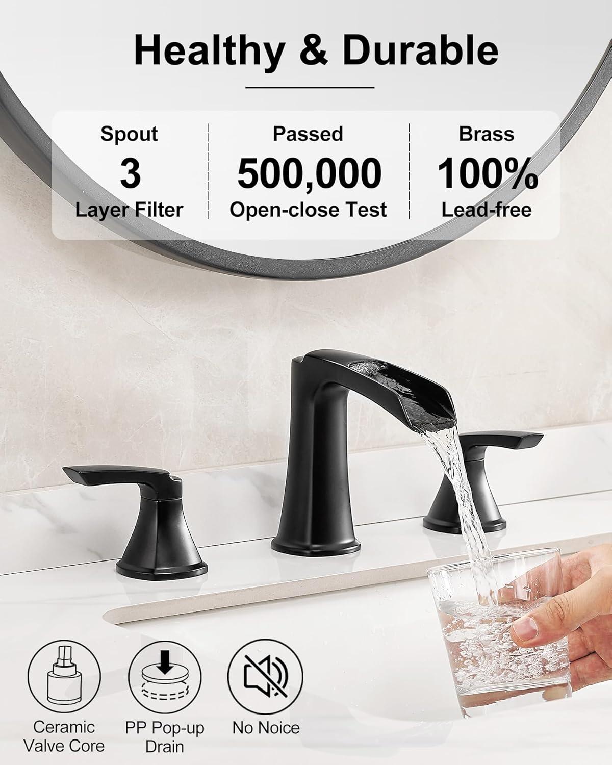 Bathroom Faucet 3 Hole Black, 8 inch Widespread Bathroom Faucet Waterfall Face Basin Faucet for Bathroom Sink, Matte Black (A.Matte Black)