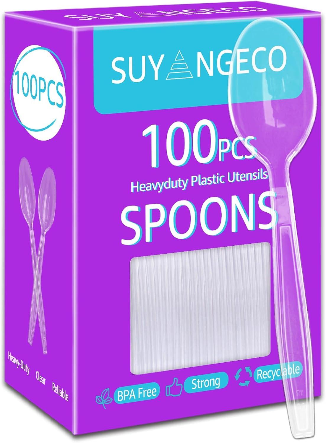 Comfy Package [100 Pack] Heavy Duty Disposable Clear Plastic Spoons - Plastic Silverware, Basic Cutlery for Parties, Events, and Everyday Use