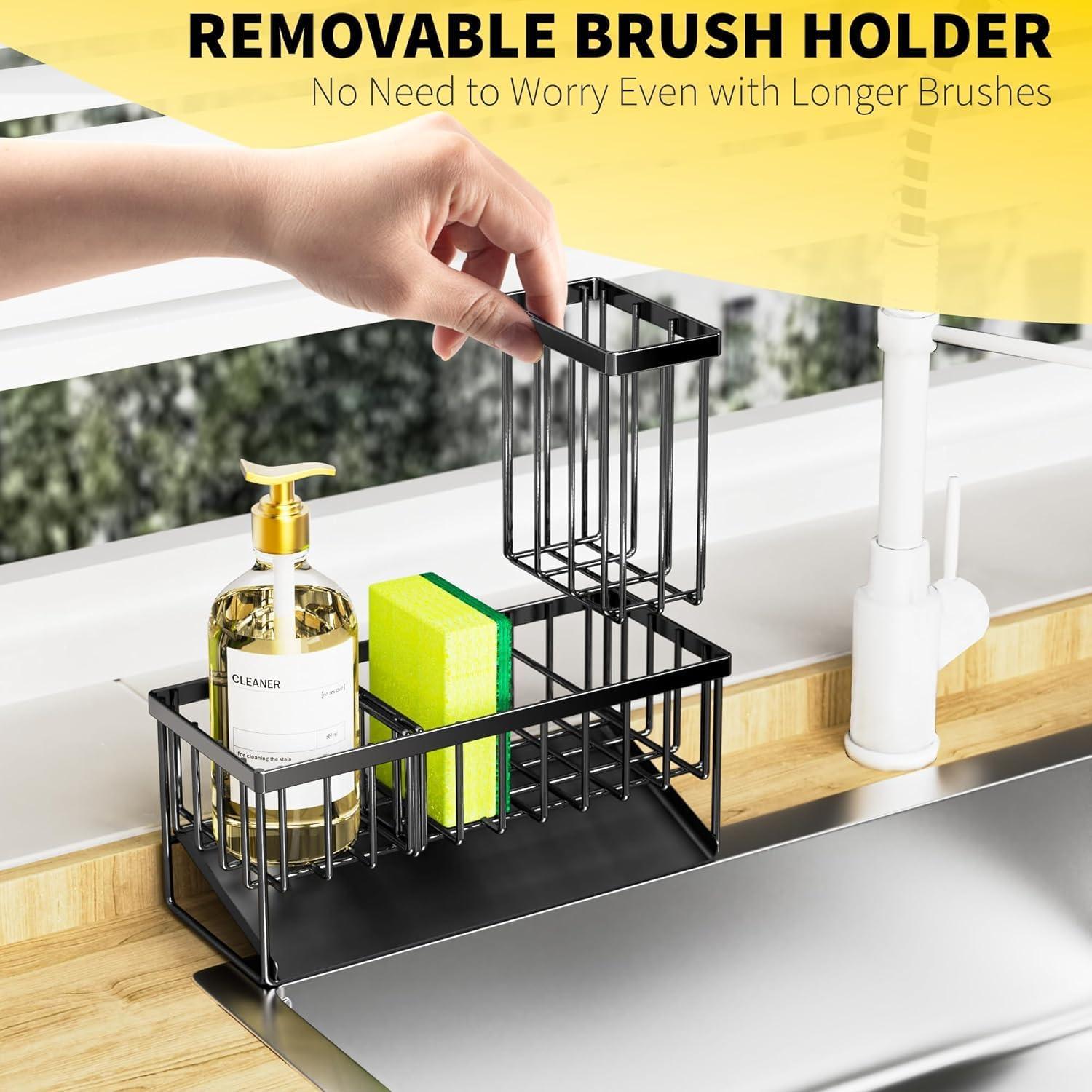 WKING Stainless Steel Kitchen Sink Caddy Organizer With Draining Tray, Rustproof Sponge Holder For Sink, Adjustable Compartments, Space-Saving Design
