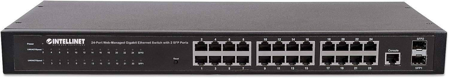 Intellinet 24-Port Web-Managed Gigabit Ethernet Switch with 2 SFP Ports | Fanless | VLAN, SNMP, 802.1X | NDAA