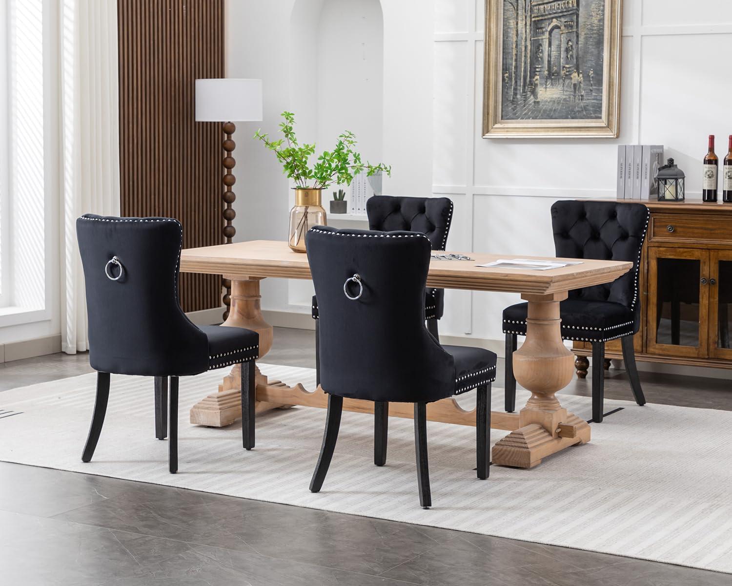 ODUSE-DAILY Black Velvet Dining Chairs Set of 4, Kitchen & Dining Room Chairs, Sillas De Comedor, Nailheads Tufted, Velvet Upholstered, Solid Wood (Black, 4 Pcs)