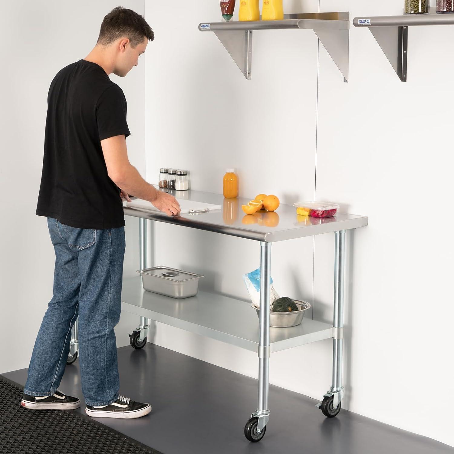Stainless Steel Table with Wheels 24 x 60 Inches Metal Prep Table with Adjustable Undershelf for Commercial Kitchen, Outdoor, Restaurant, Hotel & Garage