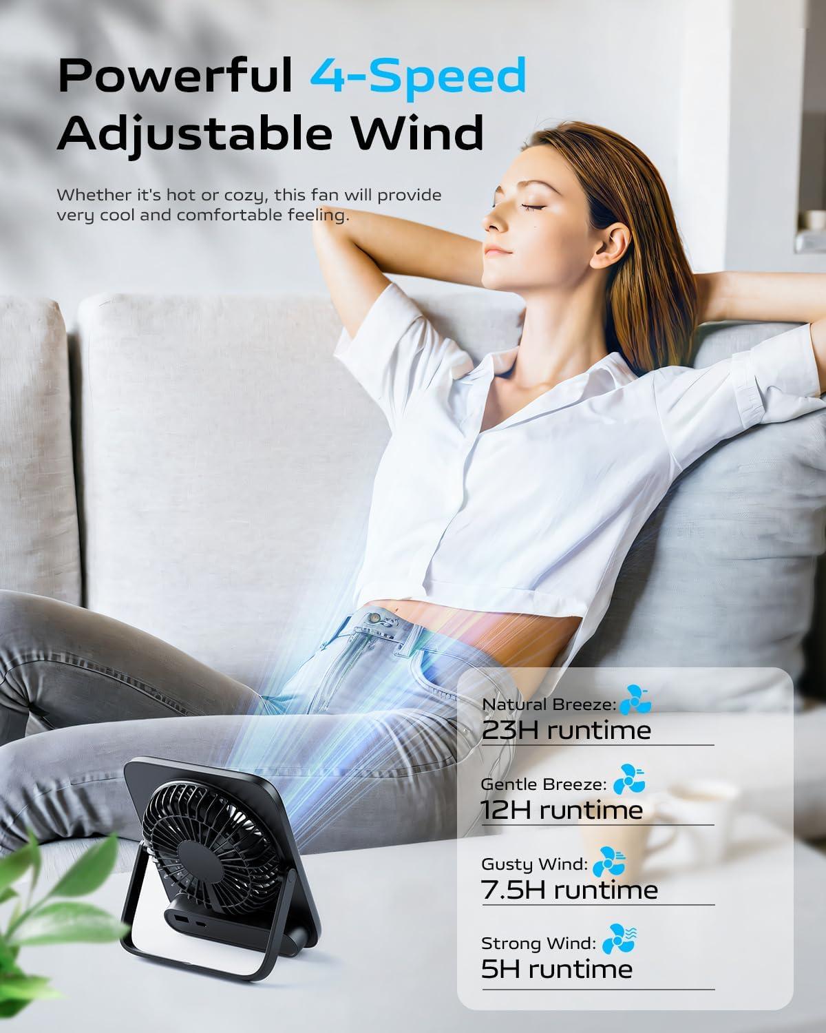 Black Slim Foldable Battery-Powered Desk Fan with USB Charging