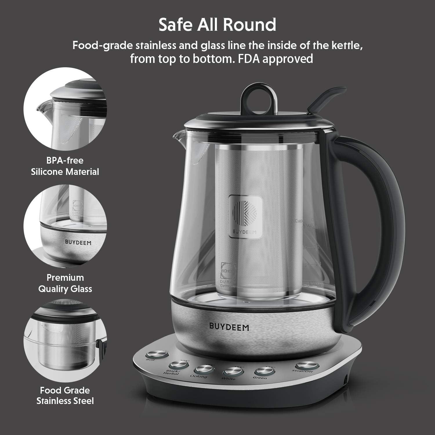 BUYDEEM Electric Tea Maker with Removable Infuser, Stainless Steel & German Schott Glass Kettle, Auto Keep Warm, 1.2L