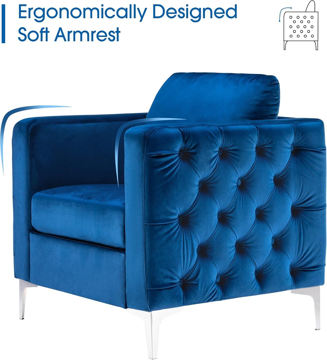 Blue Velvet Tufted Barrel Accent Chair with Silver Metal Legs