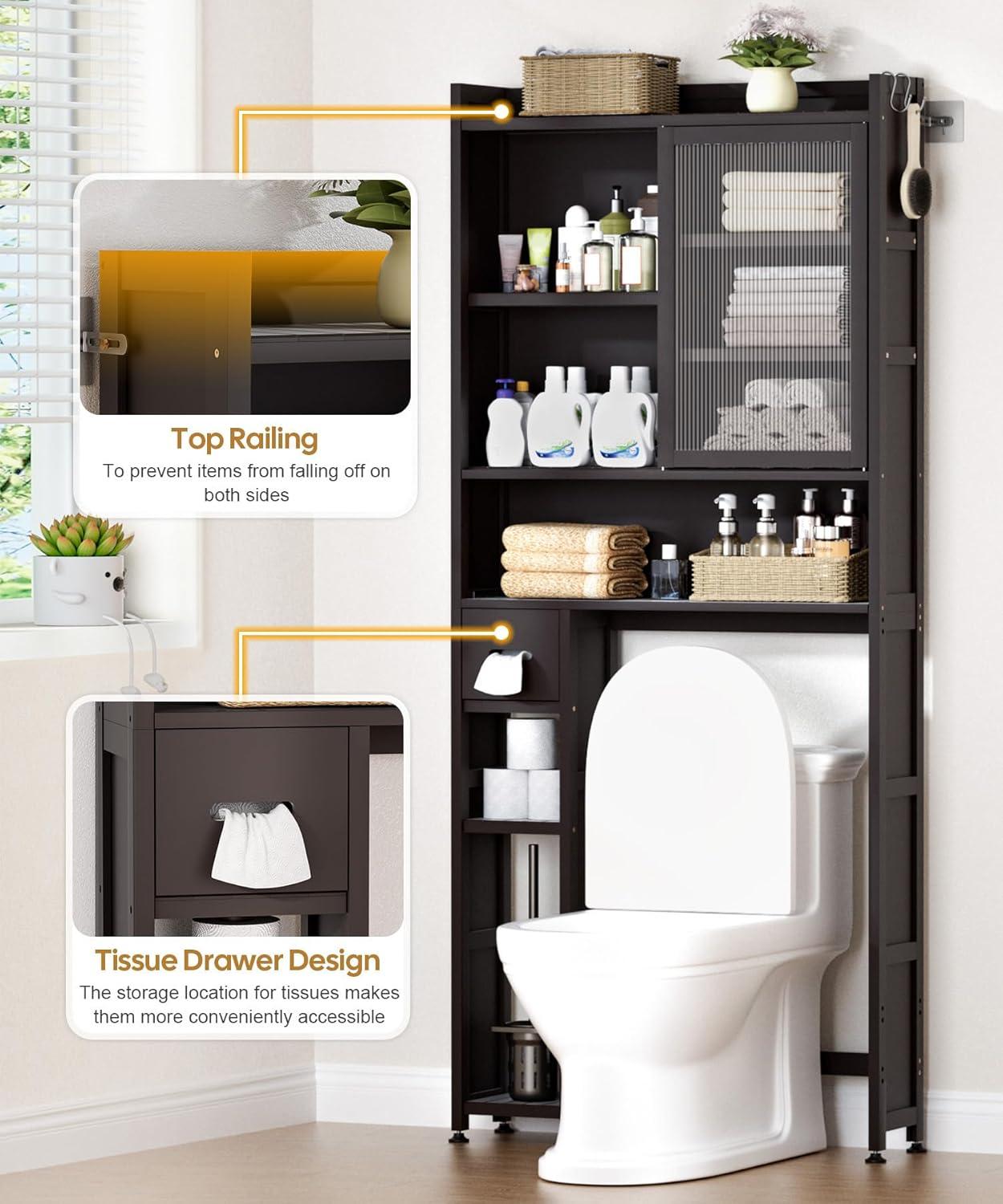 Latitude Run® Over The Toilet Storage Cabinet With Acrylic Door Panel And Paper Towel Drawer, Bamboo Space Saver Shelf, Bathroom Organizer Rack
