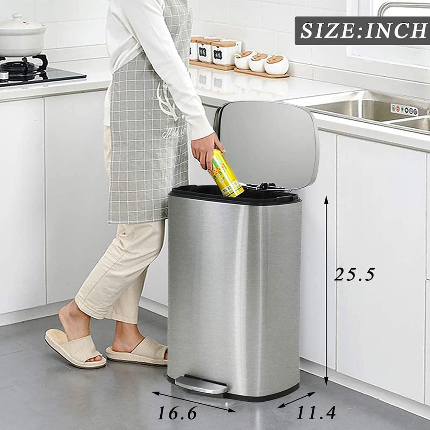 Rongfun 13 Gallon/50 L Garbage Can Kitchen Trash Can with Lid for Office Bedroom Bathroom Step Trash Bin Fingerprint-Proof Brushed Stainless Steel 13 Gallon / 50 Liter