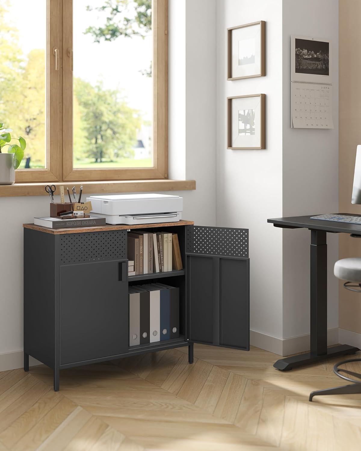 Rustic Brown and Black Metal Sideboard with Adjustable Shelf