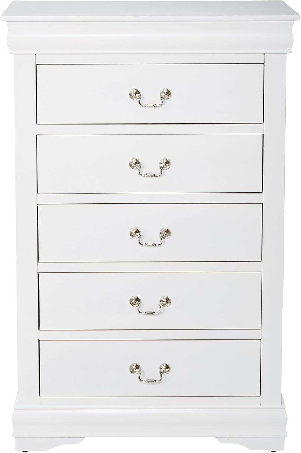 31" Louis Philippe Chest White - Acme Furniture: Brushed Nickel Hardware, 5 Drawers