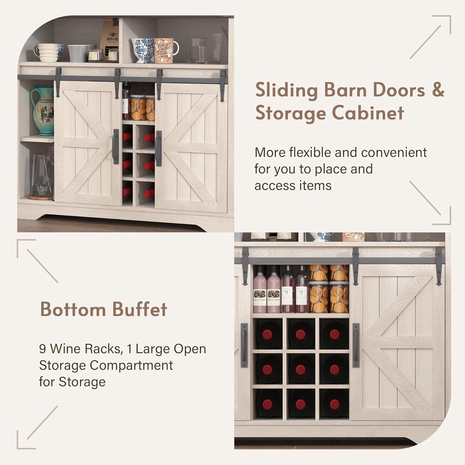Gracie Oaks Coffee Bar Cabinet with Sliding Barn Door, Buffet Cabinet with Hutch, Kitchen Pantry Cabinet with Power Outlet & Lighting, Tall Liquor Chest for Home Dining Room, White