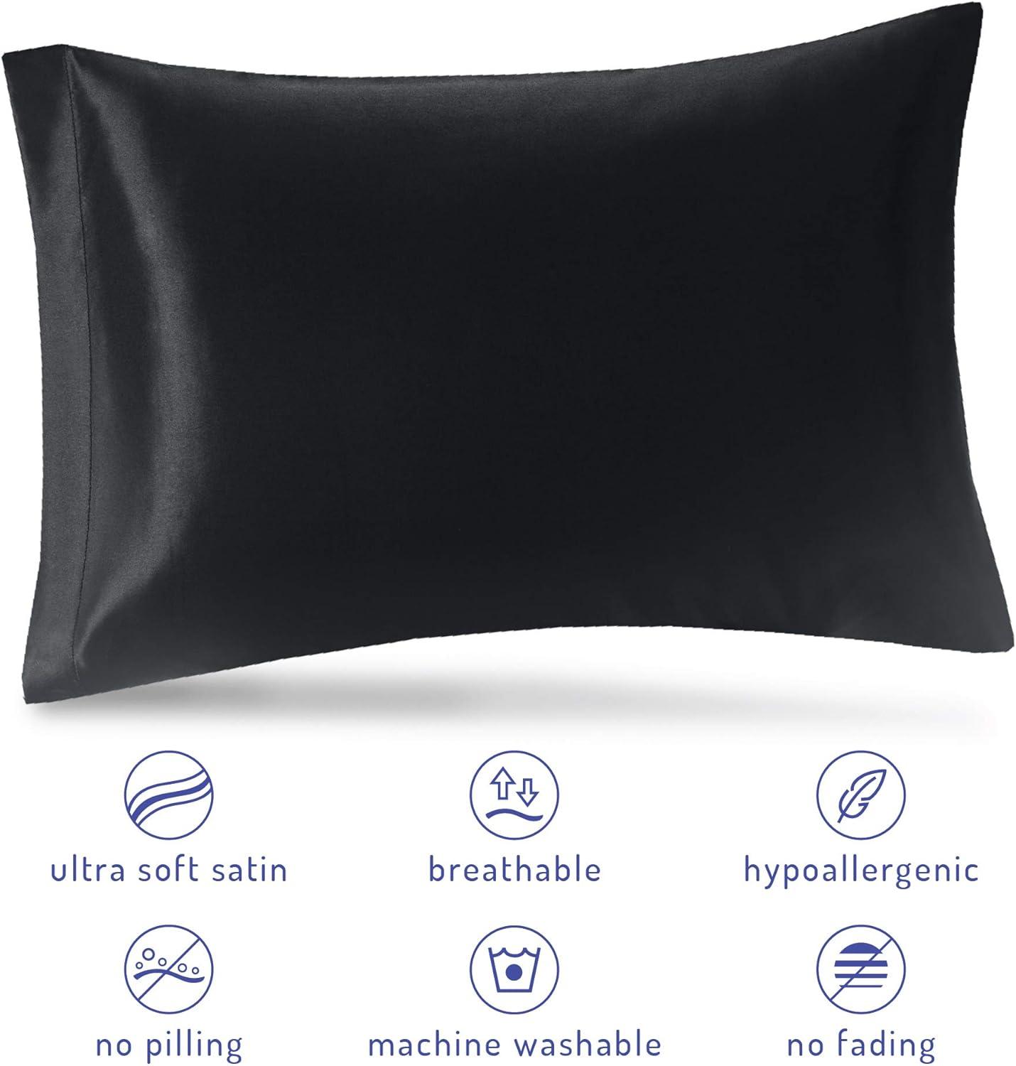 DRMHM Satin Pillow Shams with Envelope Closure Soft and Smooth Set of 2, Black Queen(20"x30")