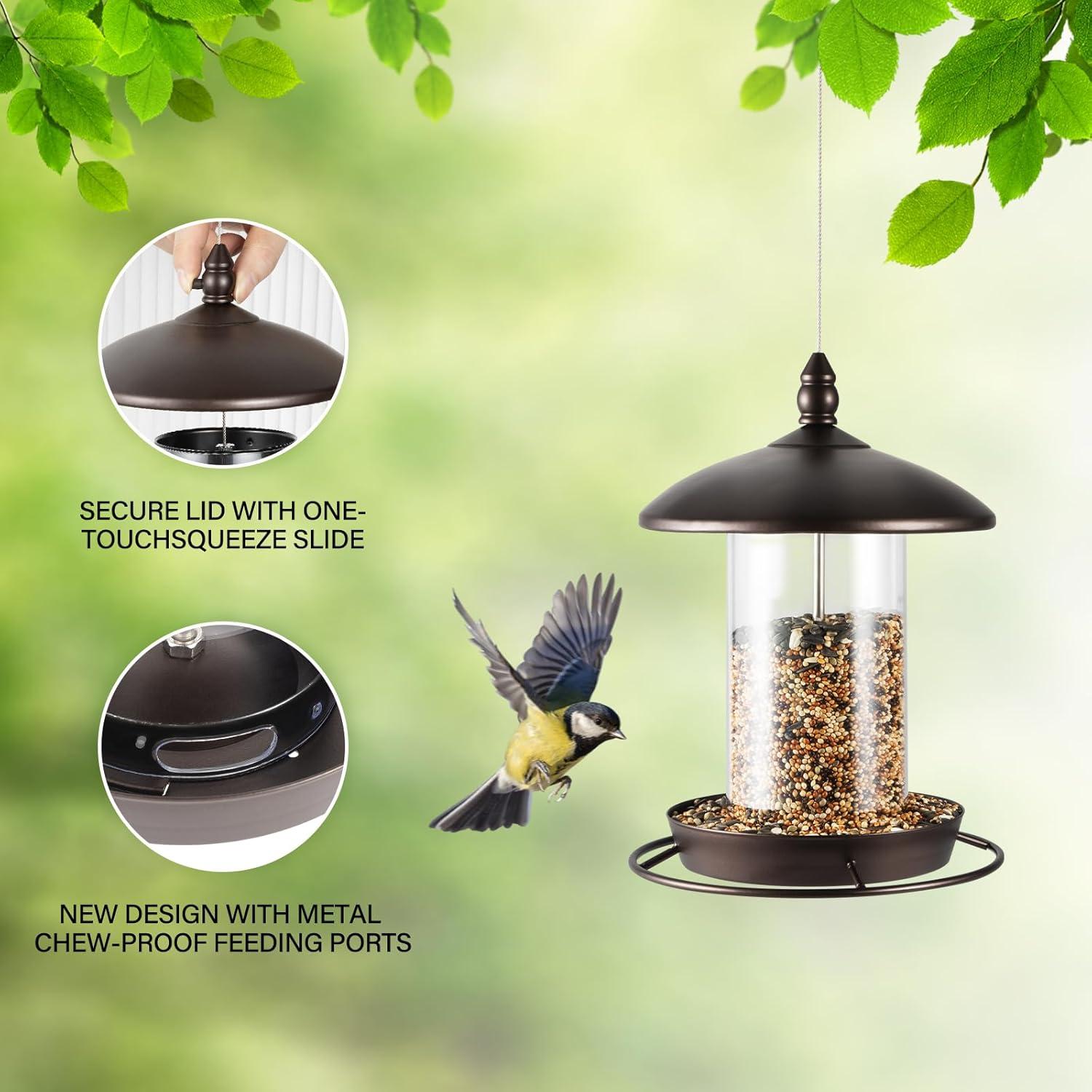 Metal Bird Feeder for Outside Hanging,Wild Bird Feeders for Cardinal, Large Roof and Tray - 6 Port