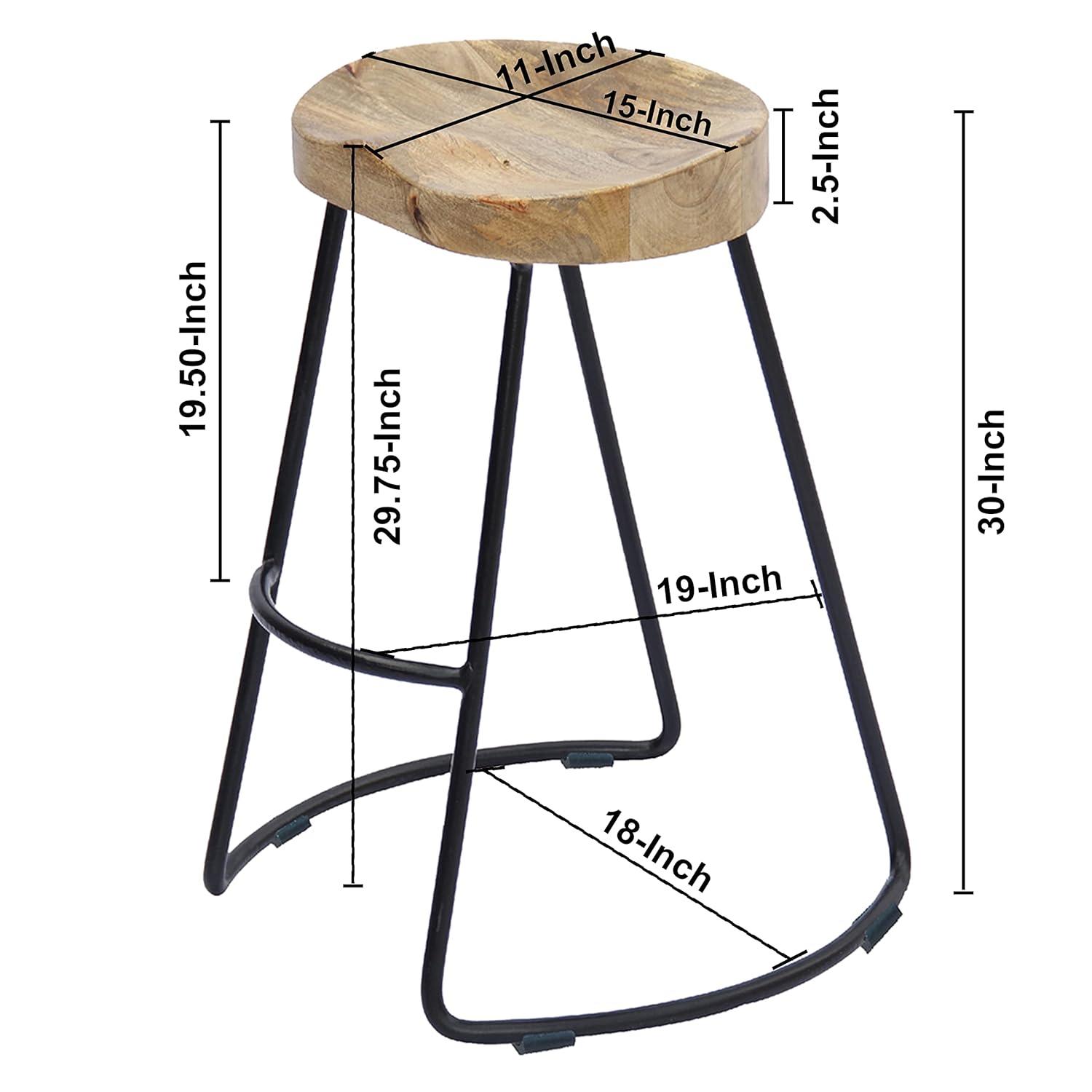 The Urban Port 24 Inch Mango Wood Industrial Counter Height Stool, Saddle Seat, Iron, Set of 2, Brown, Black