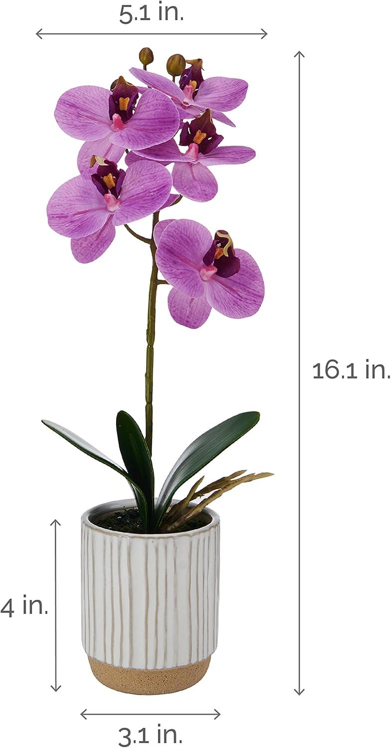 Fuchsia Artificial Orchid in White Ceramic Pot, 16-Inch