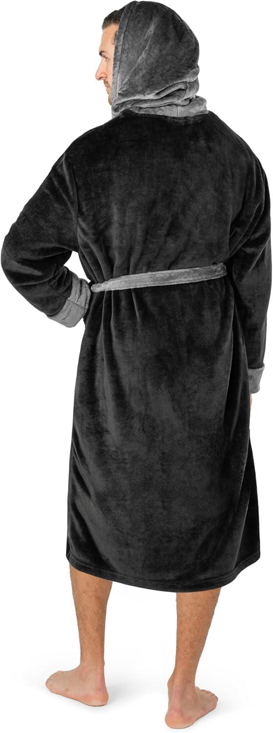 PAVILIA Mens Robe, Hooded Soft Bathrobe for Men, Fleece Plush Warm Shawl Collar Hood Pockets for Bath Shower Spa (Black/Gray, One Size)