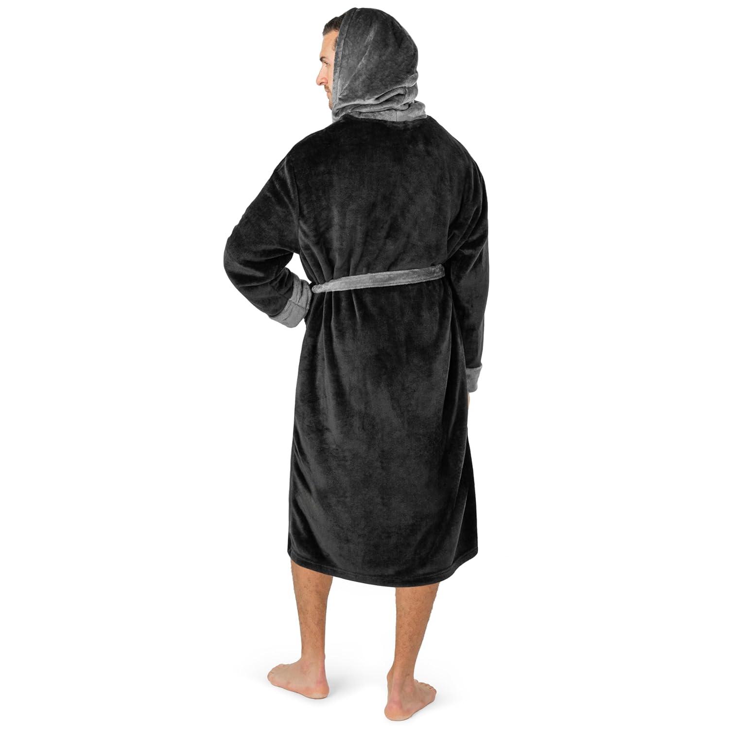 PAVILIA Mens Robe, Hooded Soft Bathrobe for Men, Fleece Plush Warm Shawl Collar Hood Pockets for Bath Shower Spa (Black/Gray, One Size)