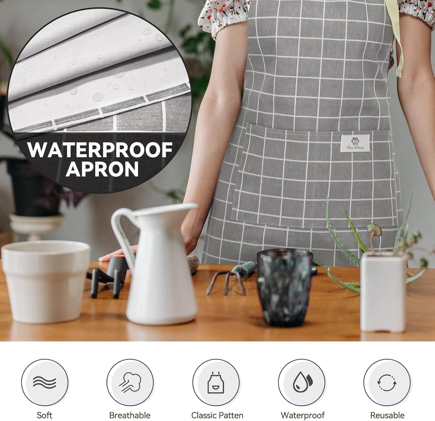 2 Pieces Aprons for Women with Pockets, Cotton Linen Waterproof Kitchen Cooking Aprons, Chef Apronfor Men Women with Adjustable Neck Strap and Long Ties(Grey/Green)