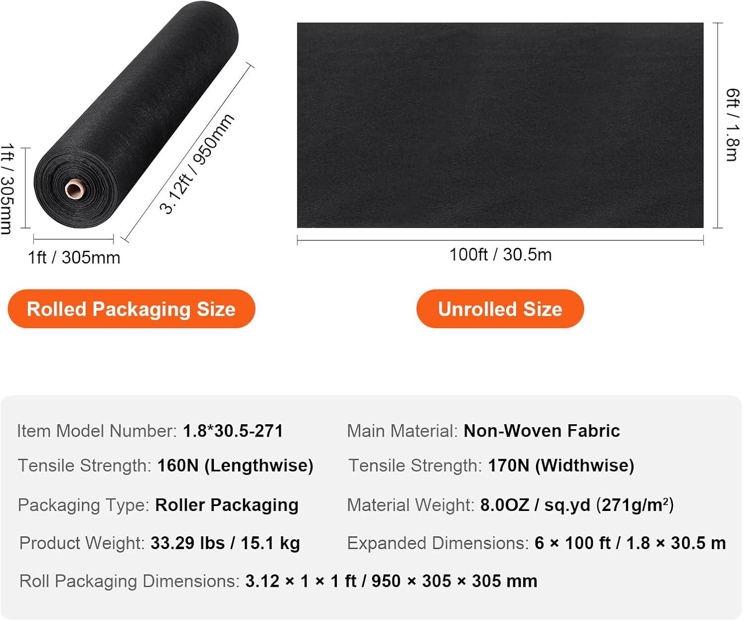 VEVOR 6FTx100FT Non-Woven Geotextile Heavy Duty 8oz Driveway Underlayment for Gravel, Ground Cover, Garden Weed Barrier, Drainage Fabric, Landscaping, Black