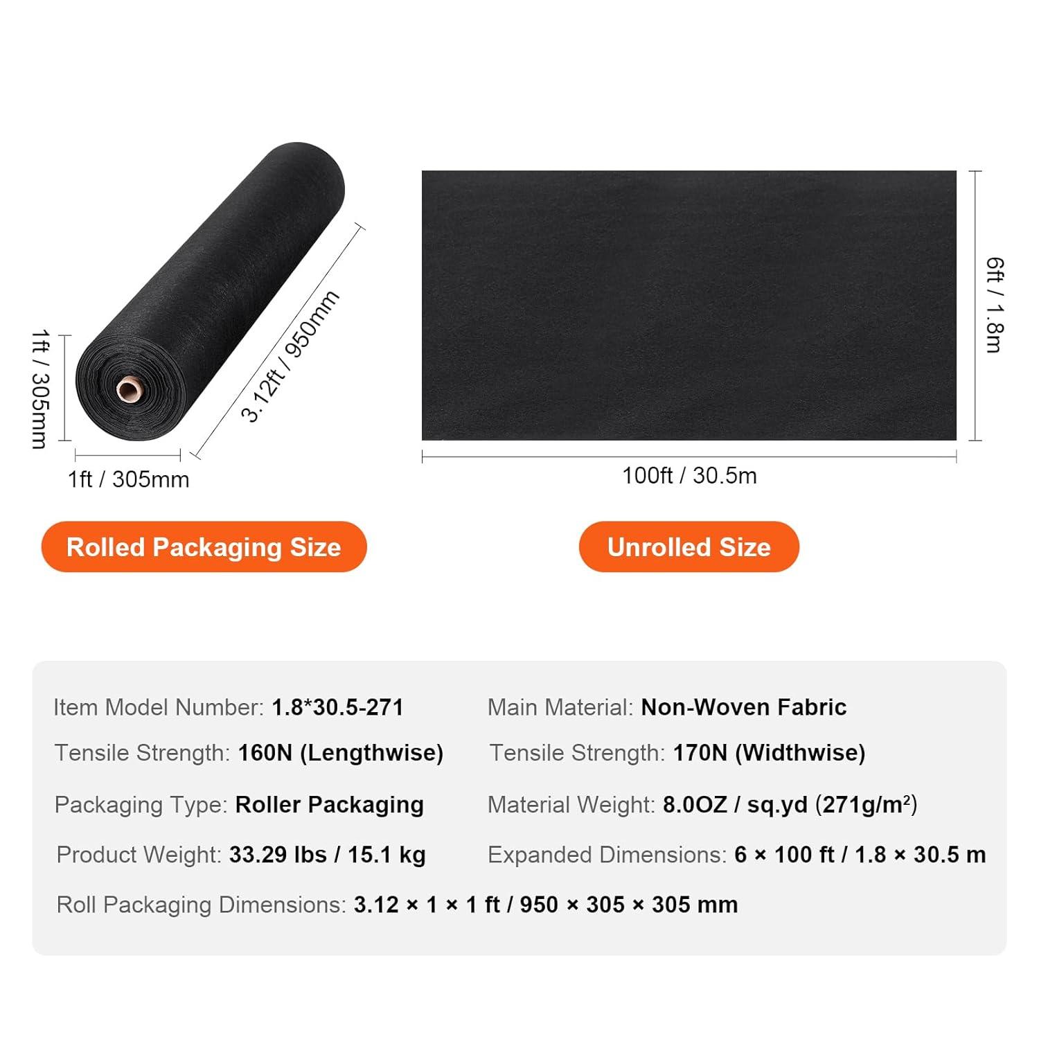 VEVOR 6FTx100FT Non-Woven Geotextile Heavy Duty 8oz Driveway Underlayment for Gravel, Ground Cover, Garden Weed Barrier, Drainage Fabric, Landscaping, Black