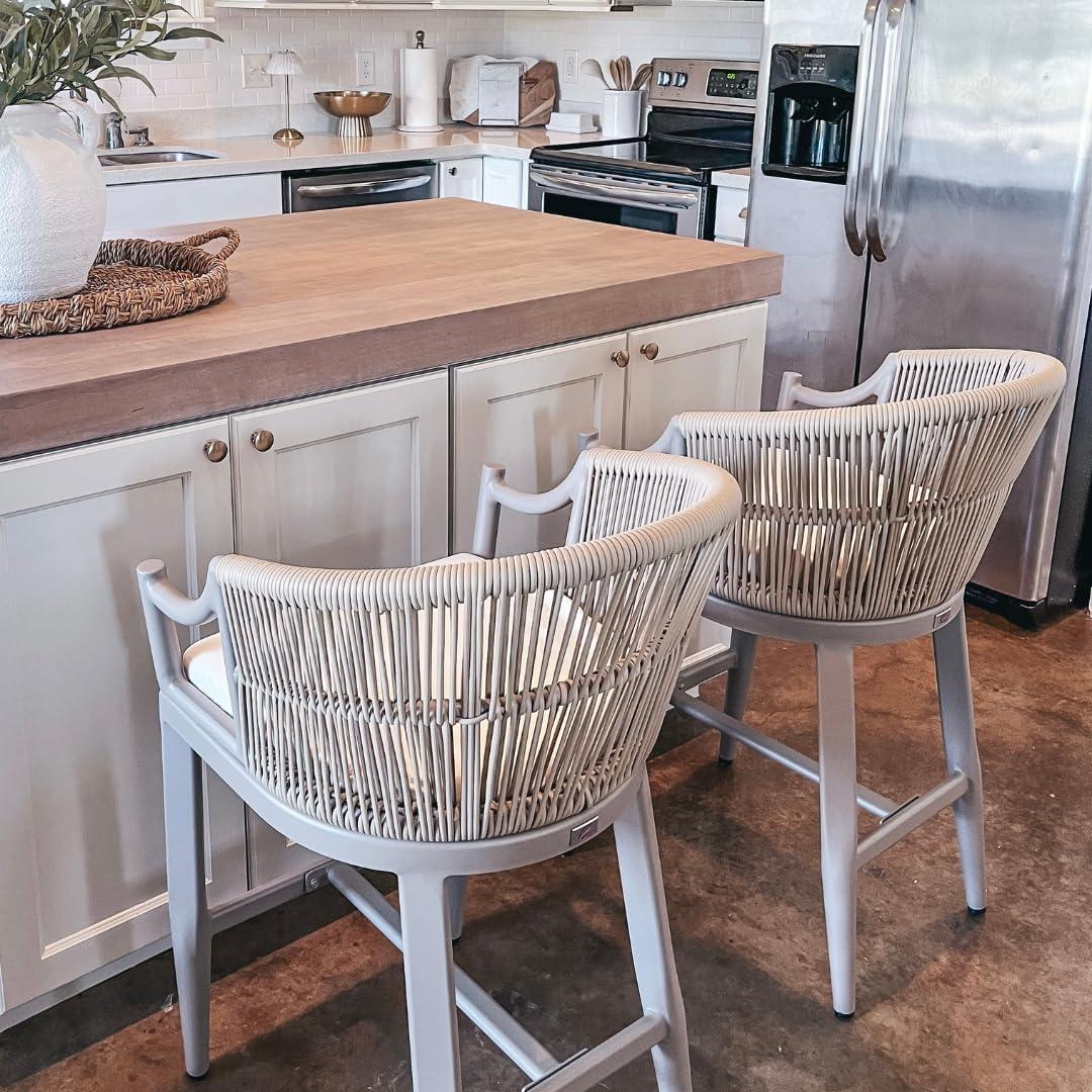 PURPLE LEAF Counter Height Bar Stools Set of 2 Patio Rattan Bar Stool Chairs Outdoor Modern Boho Barstools with Backs and Ergonomic Armrest for Balcony Garden Indoor Kitchen Island, Champagne