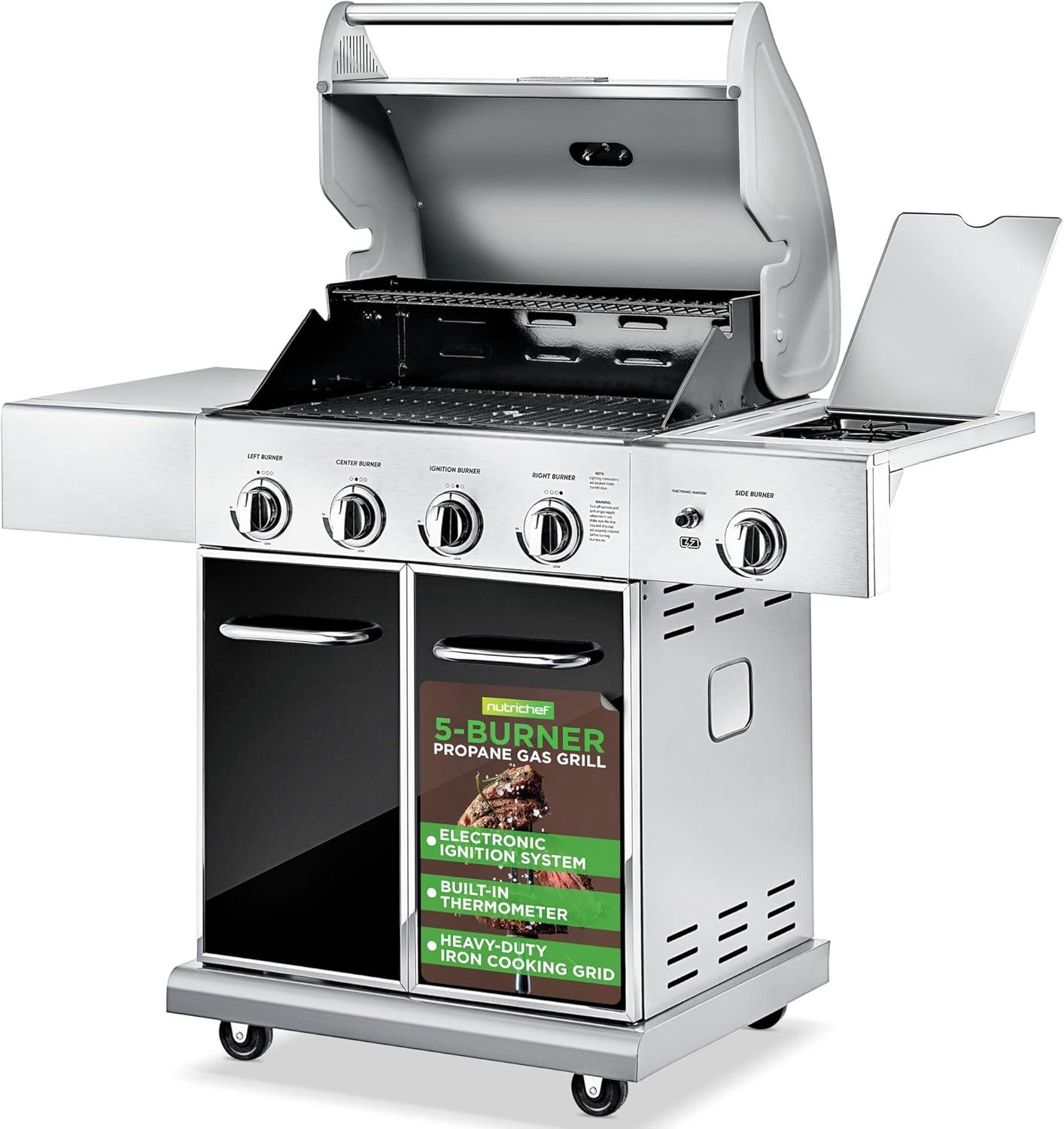 NutriChef Stainless Steel Heavy-Duty 5-Burner Propane Gas Grill, 52,000 BTU Grilling Capacity