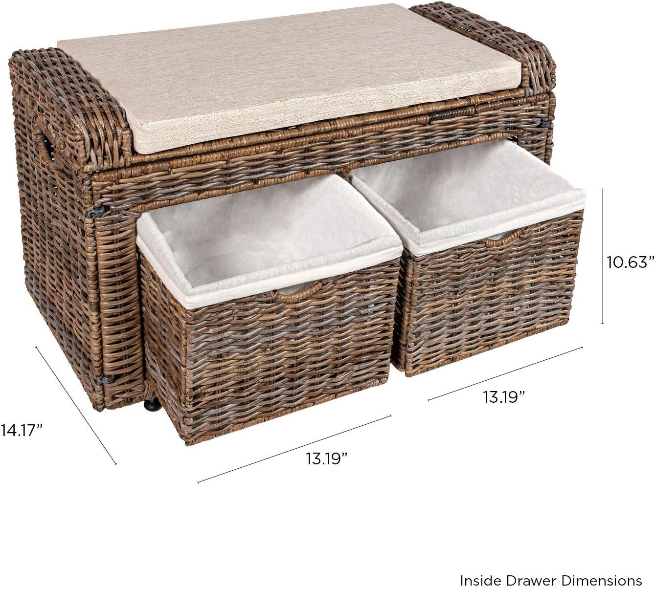 Palermo 34.5" Brown Woven Wicker Storage Bench with Cushion