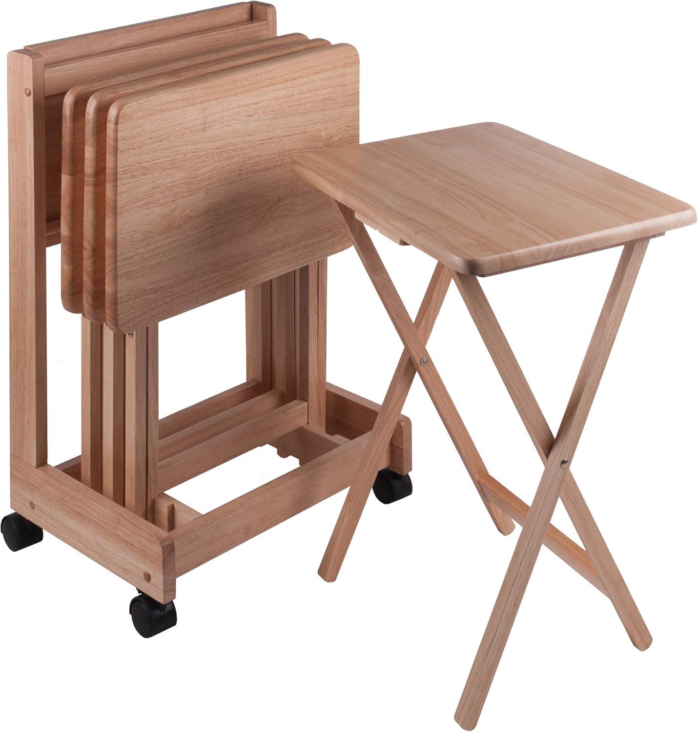 Natural Wood 5-Piece Snack Table Set with Serving Cart