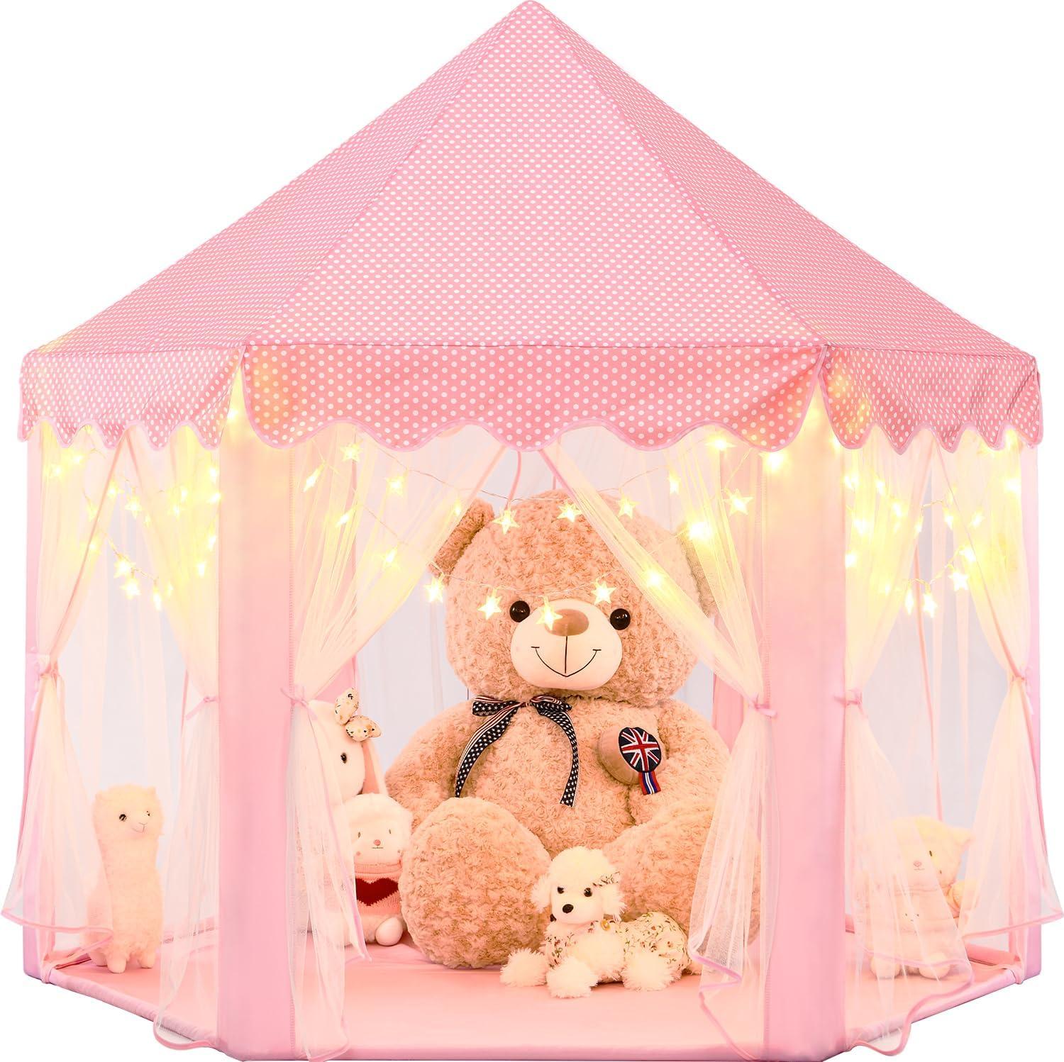 EVOIONOS Princess Tent for Girls, Kids Play Tent with LED Star Lights, Castle Playhouse for Children Indoor Outdoor Games, 55X53 inches, Pink