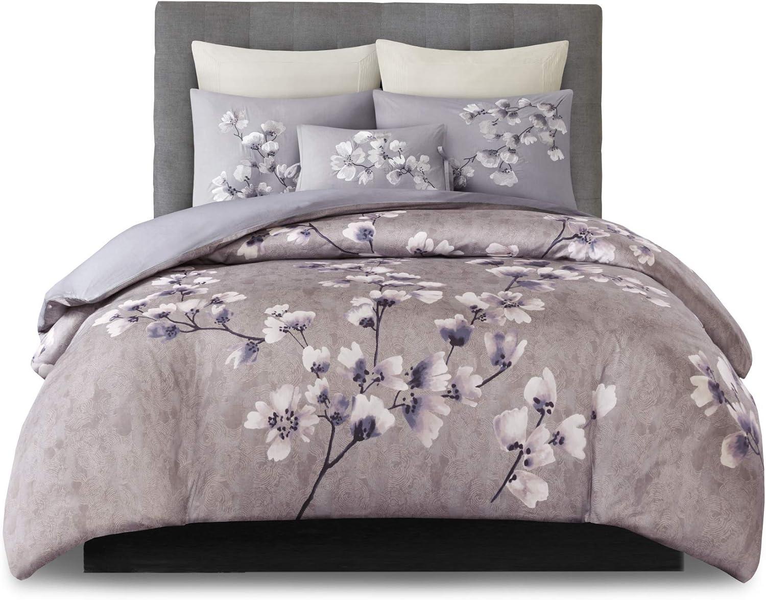 Lilac Cotton King Floral Duvet Cover Set with Embroidered Shams