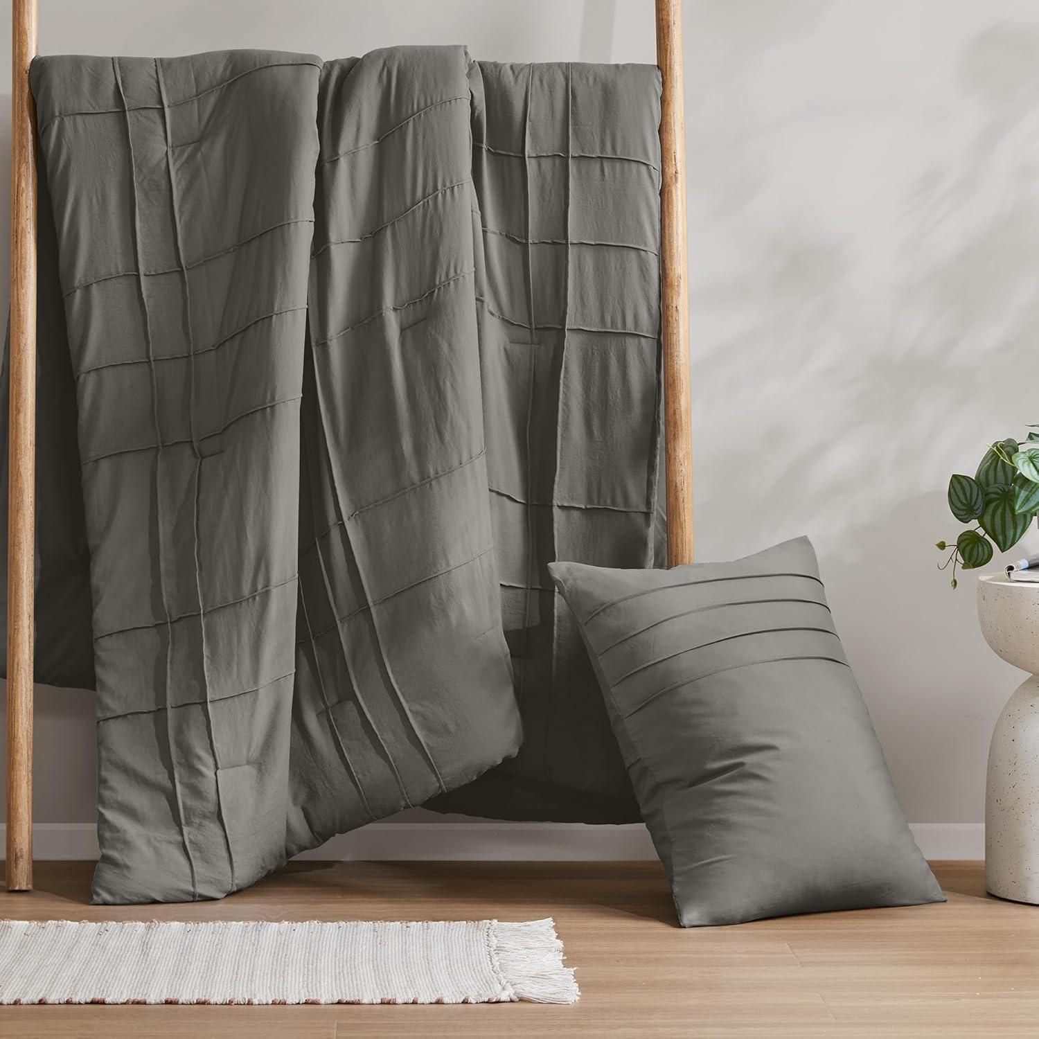 Comfort Spaces Grey Twin Size Duvet Cover Set - 2 Pieces Pintuck Pleated Duvet Cover All Season Lightweight, Extra Softness Pre-Washed Microfiber Twin Bedding Cover Shams, Twin/Twin XL