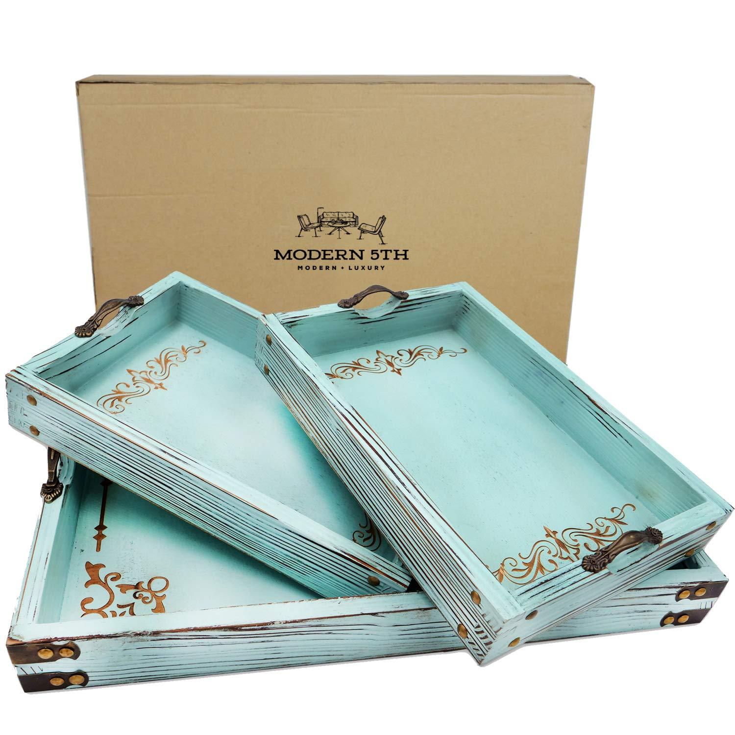 Modern 5th - Vintage Aqua Blue Rustic Wooden Serving Trays with Handles(Set of 3) Pattern Designed