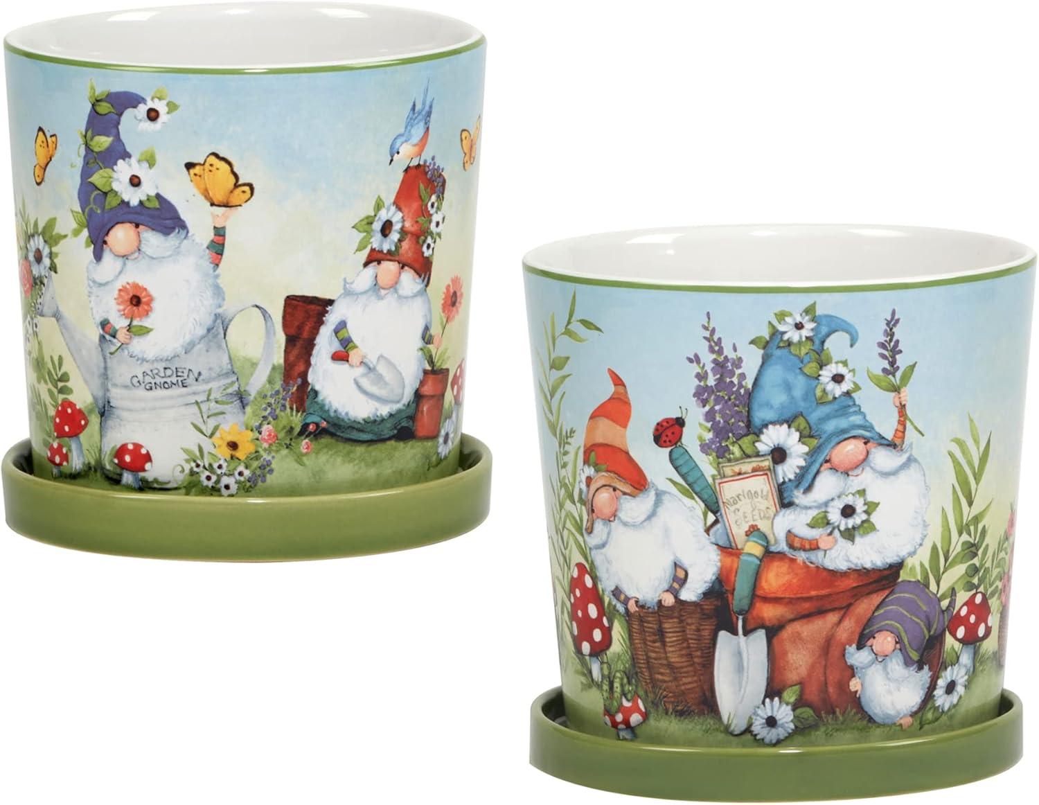 Certified International Garden Gnomes 2Pc Planter Set With Saucer