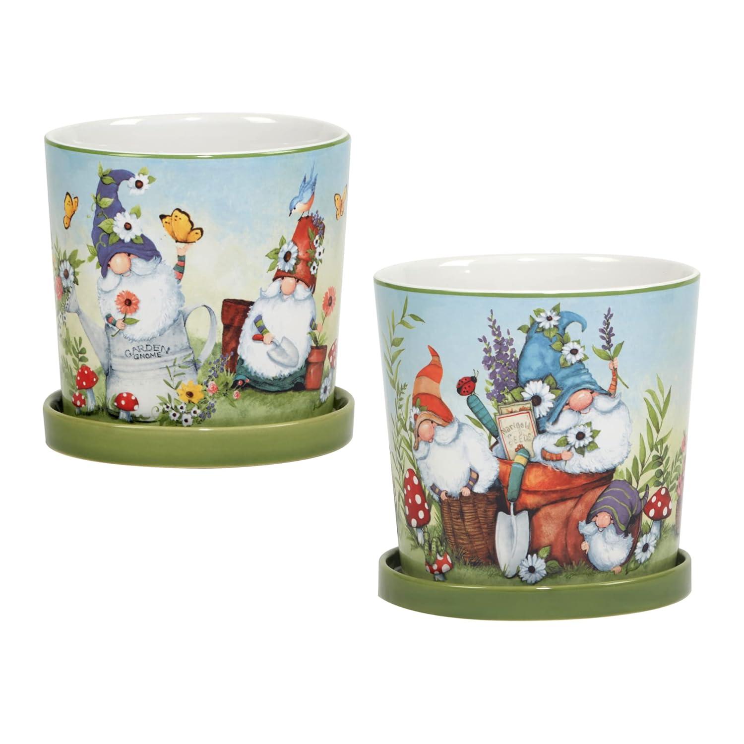 Certified International Garden Gnomes 2Pc Planter Set With Saucer