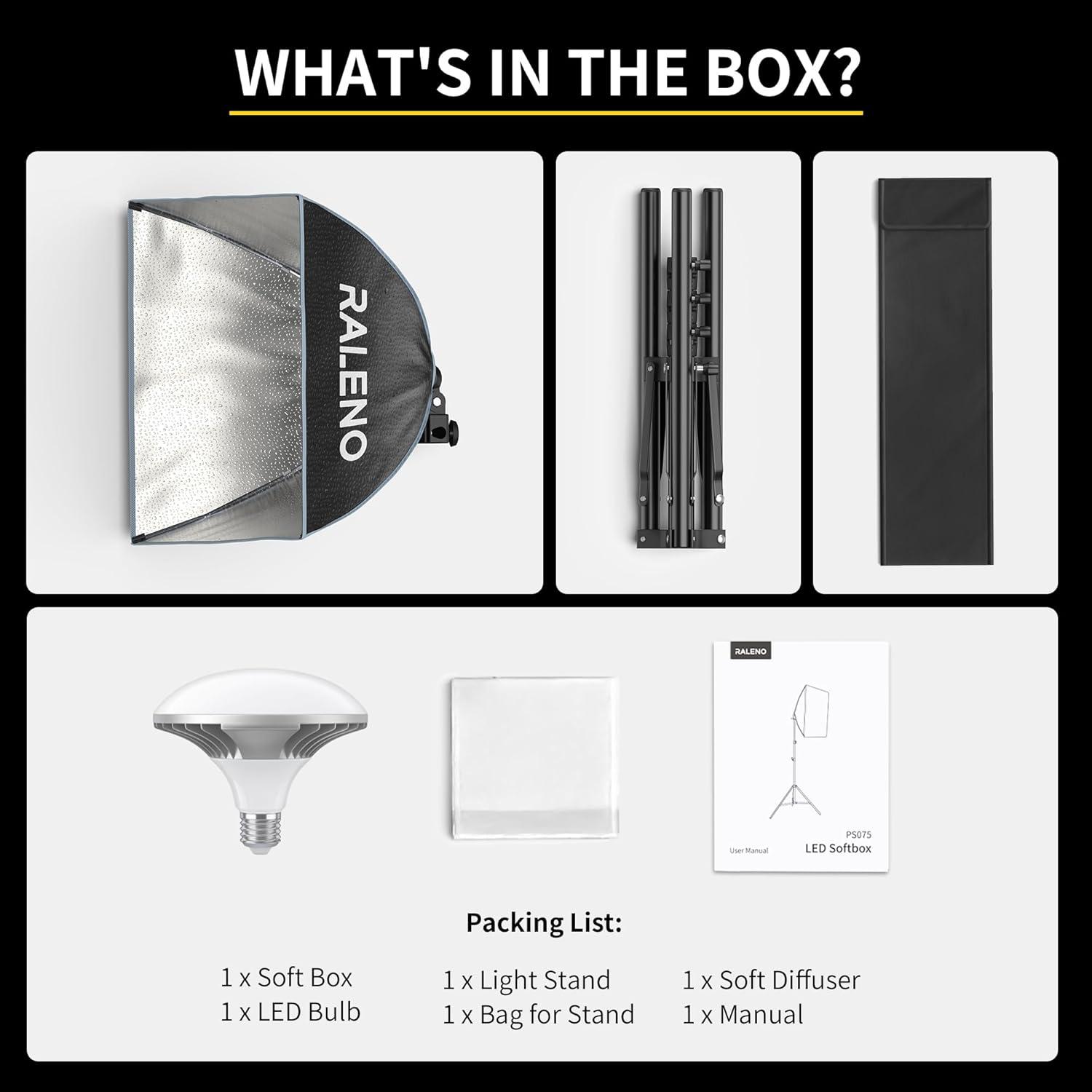 RALENO Softbox Photography Lighting Kit, 16'' x 16'' Softbox Lighting for TikTok with LED Bulb (50W | 5500K | 97 CRI | TLCI≥97), Continuous Lighting for Video Recording & Photography Shooting