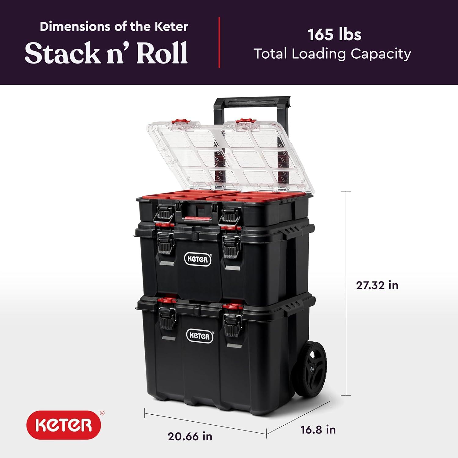 Keter Keter Stack-n-Roll 3 Piece Durable Resin Rolling Tool Box System Tool Storage and Organization Ideal For Garage and DIY, Black