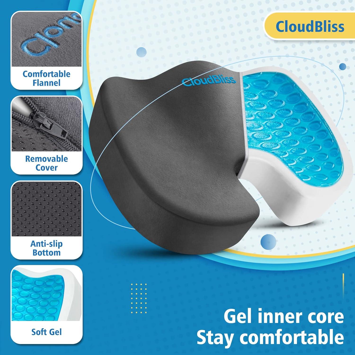 CloudBliss Gel Seat Cushion - Cooling Gel Enhanced Memory Foam Ergonomic Seat Cushion for Long Sitting for Office, Game, Car, Automotive, Airplane (Large, Black)