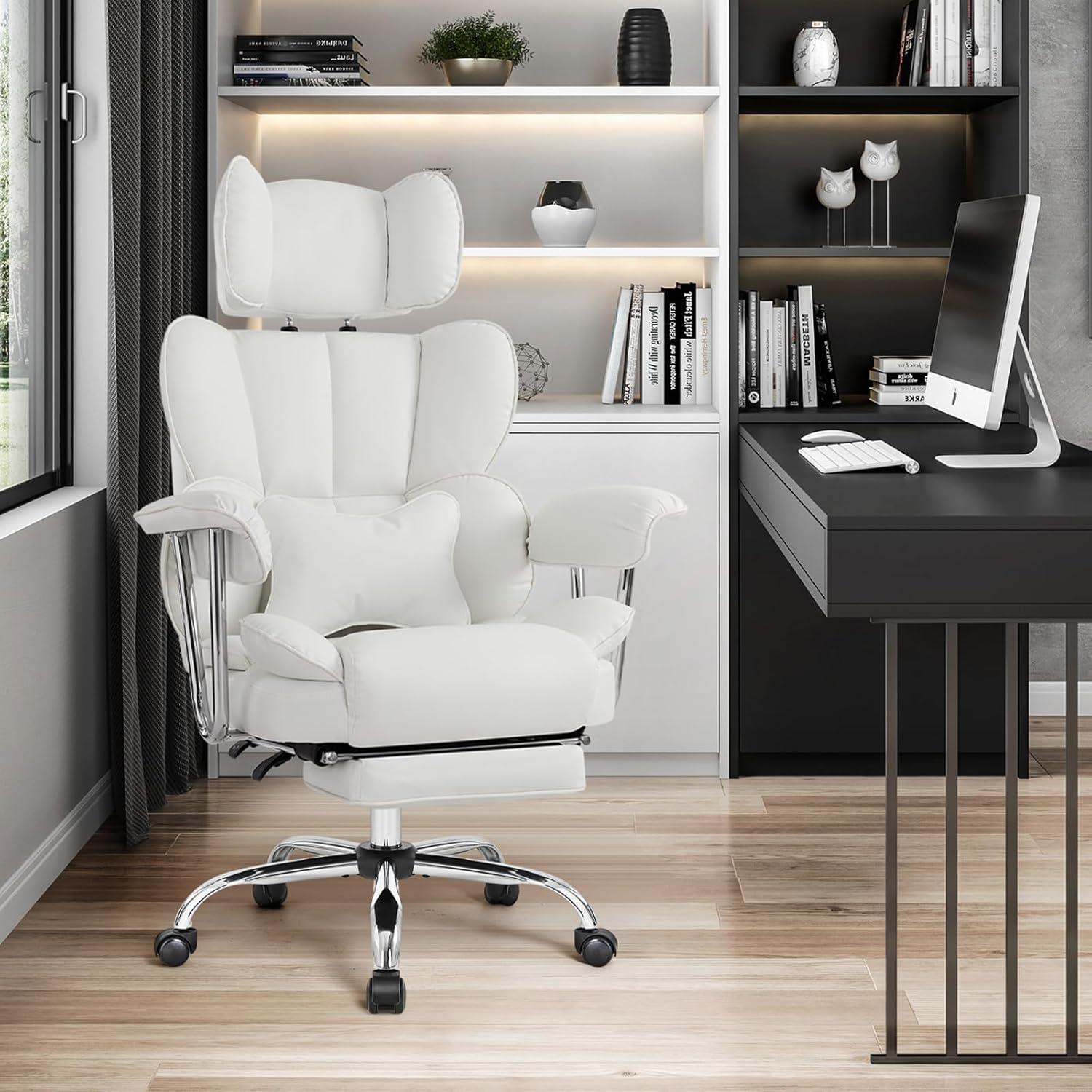 Back PU Leather Office Chair, Big and Tall Executive Desk Chair with Footrest & Lumbar Cushion, Lifting Headrest Ergonomic Computer Chair, Managerial Chair with Wide Seat & Armrests,White
