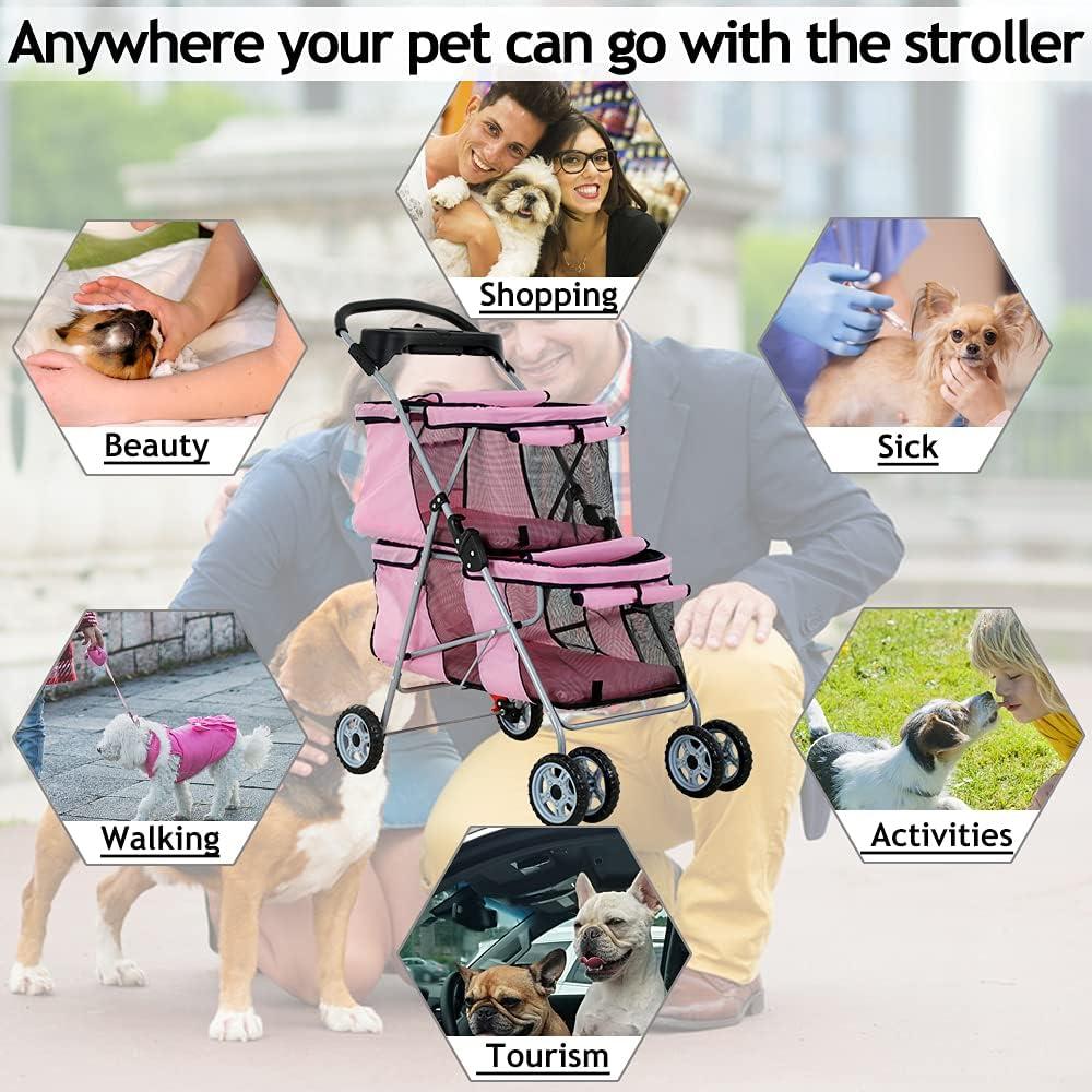 FDW 4 Wheel Pet Stroller Folding Dog Cat Stroller for Small and Medium Pets with Storage Basket Double Decker & Mesh Windows