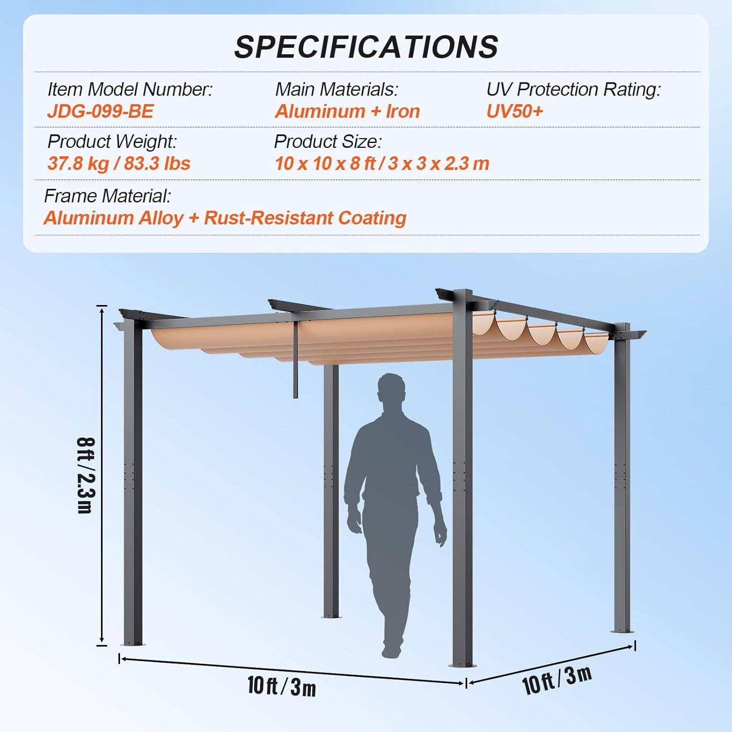 Beige Aluminum 10'x10' Retractable Pergola with Canopy