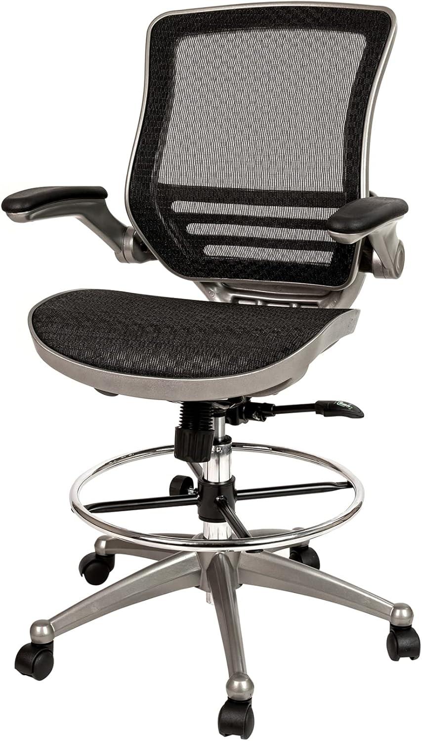 Flash Furniture Mid-Back Transparent Black Mesh Drafting Chair with Graphite Silver Frame and Flip-Up Arms