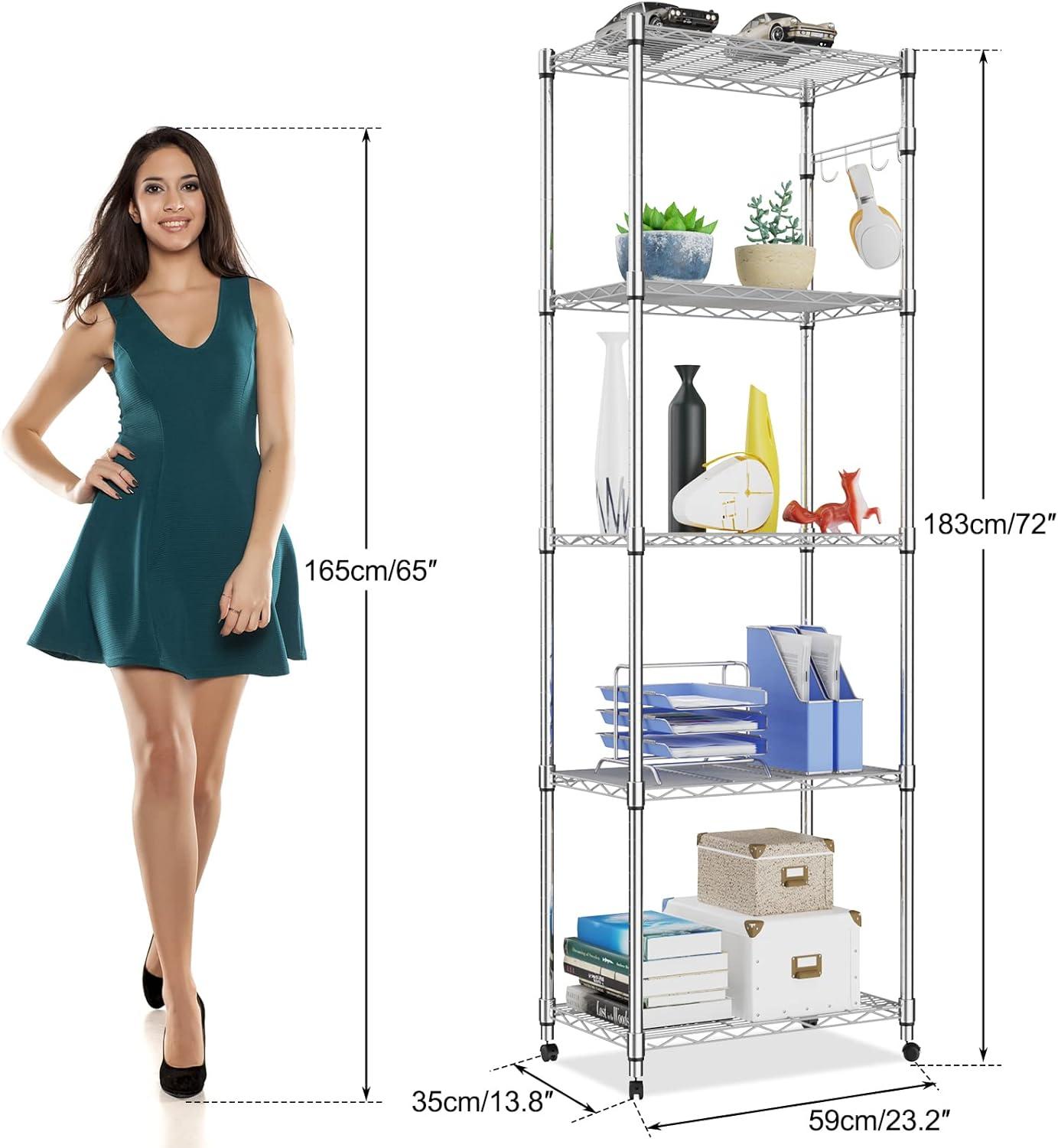 Chrome 5-Tier Adjustable Wire Shelving Unit with Wheels