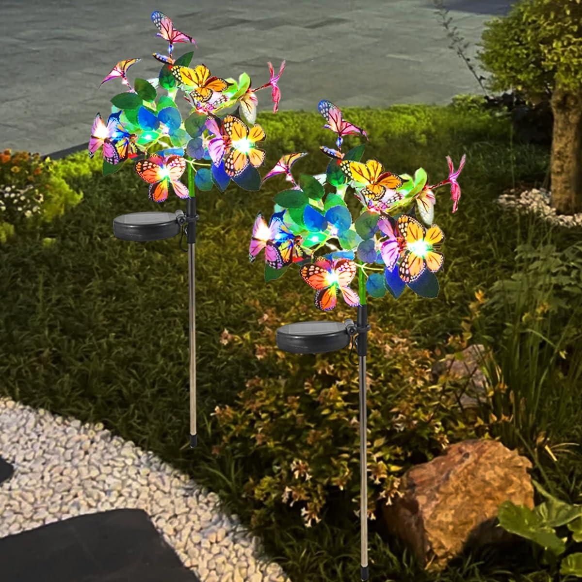 Multicolor Metal Solar Powered Butterfly Garden Stake Lights, 2 Pack