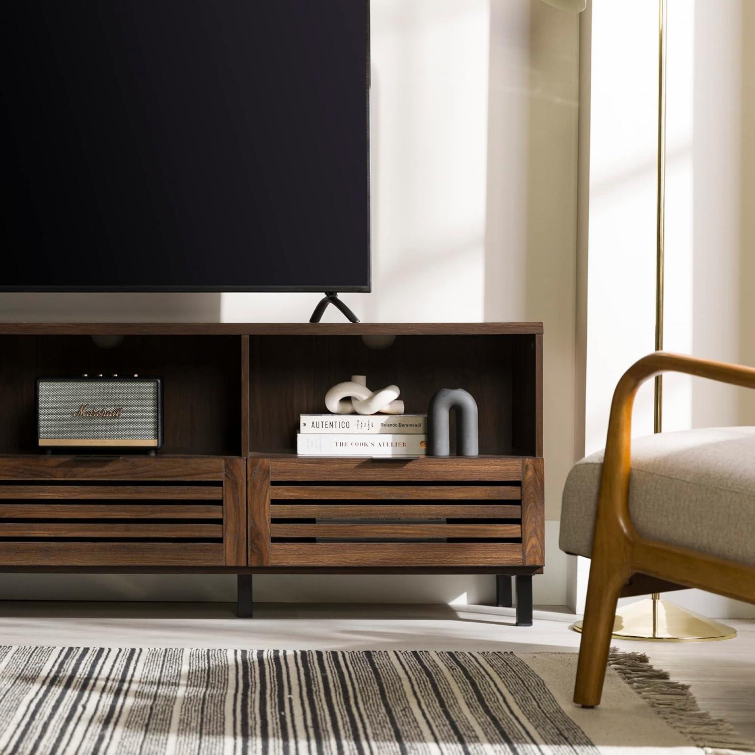 70-Inch Dark Walnut Slatted Wood TV Stand with Cabinets